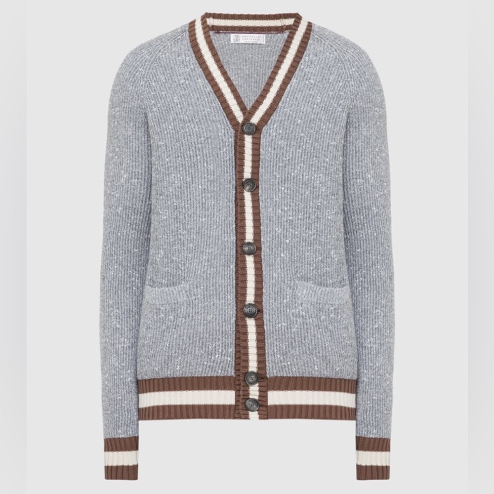 Brunello Cucinelli Cashmere Gray and Brown Cardigan Sweater size 50